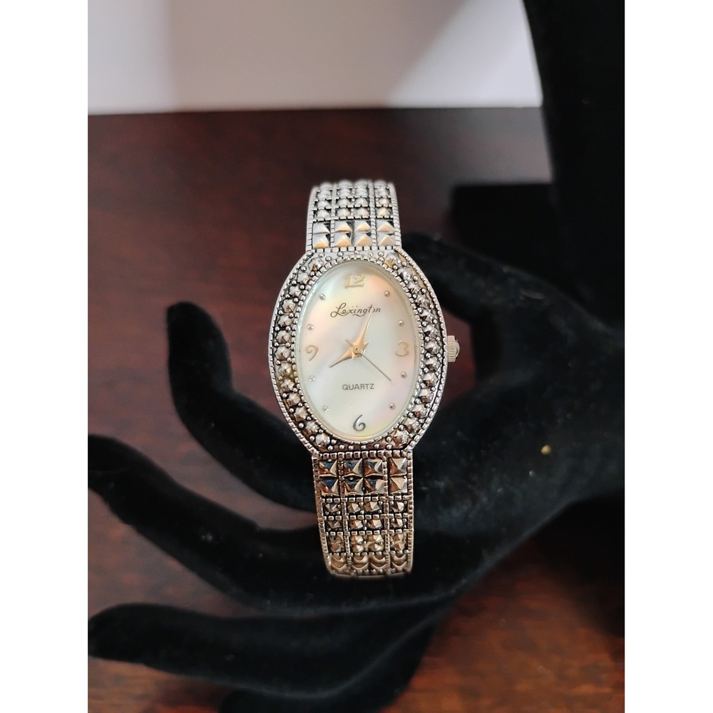 Lexington Quartz Watch Women Silver Tone Marcasite Style Bangle MOP Dial 5586